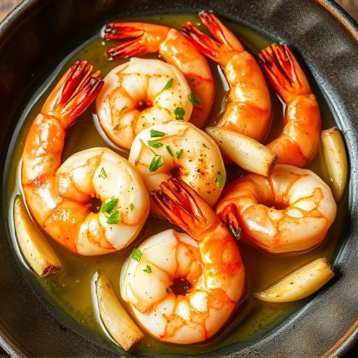 Gambas al ajillo, gambas cocinadas en aceite de oliva con ajo