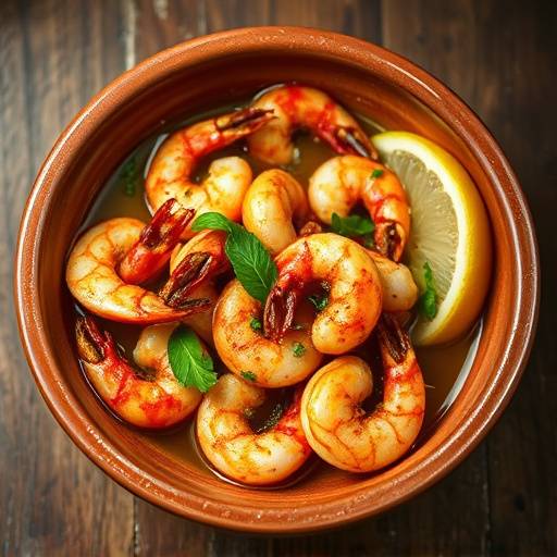 Gambas al Ajillo, gambas cocinadas en aceite de oliva con ajo y guindilla servidas en cazuela de barro