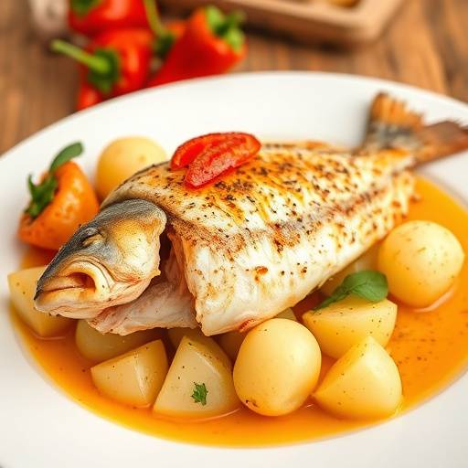 Merluza a la gallega, merluza cocida con patatas y piment&oacute;n