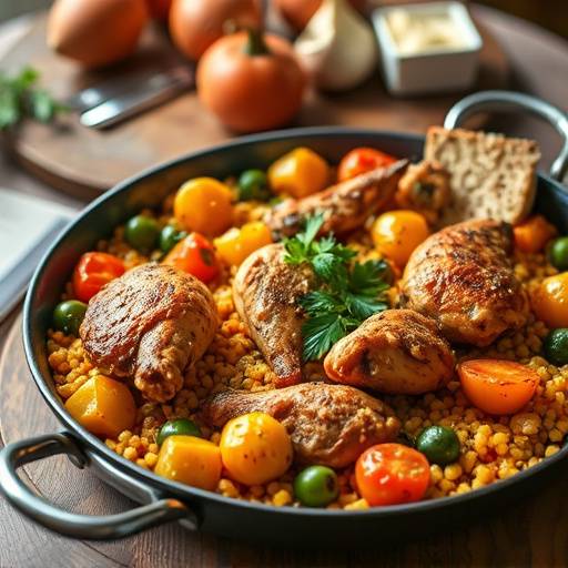 Paella Valenciana, arroz con pollo, conejo y verduras cocinado en paellera