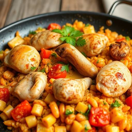 Paella Valenciana, paella tradicional con pollo y conejo