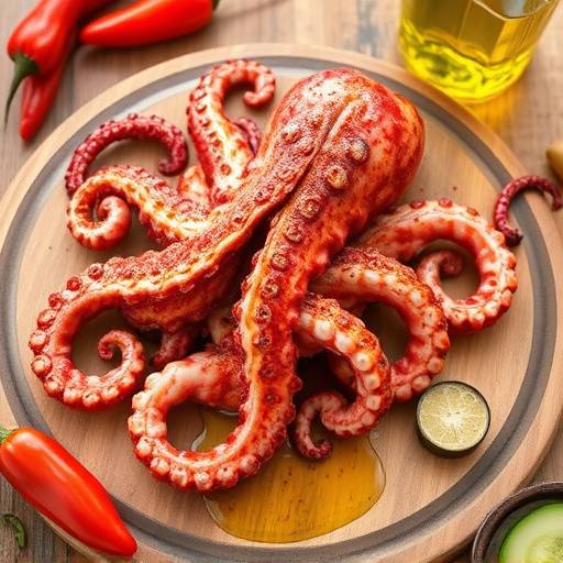 Pulpo a la Gallega, pulpo cocido con piment&oacute;n y aceite de oliva servido sobre tabla de madera